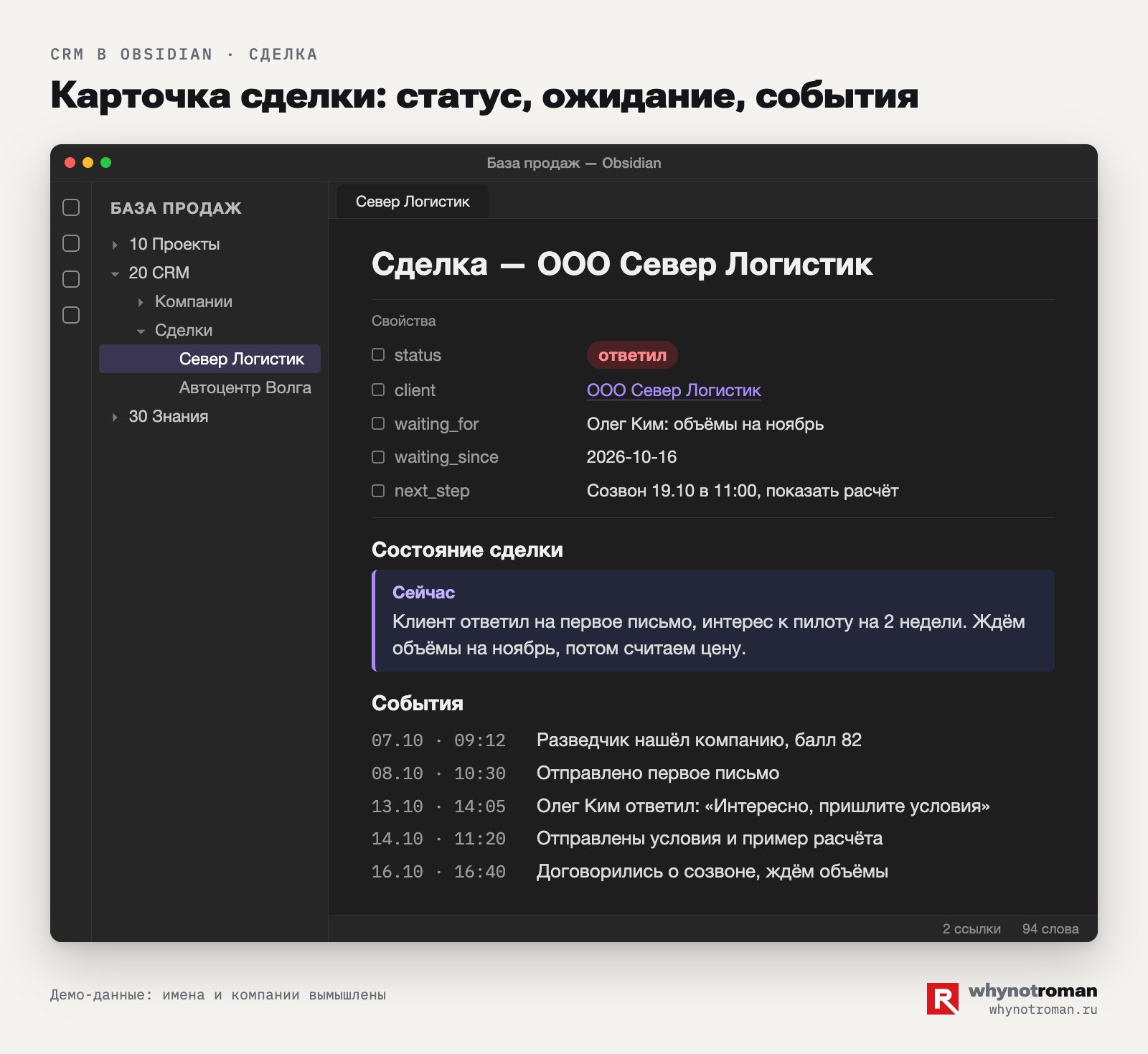 Карточка сделки. Поля сверху, ниже состояние и события. Пример, данные вымышленные