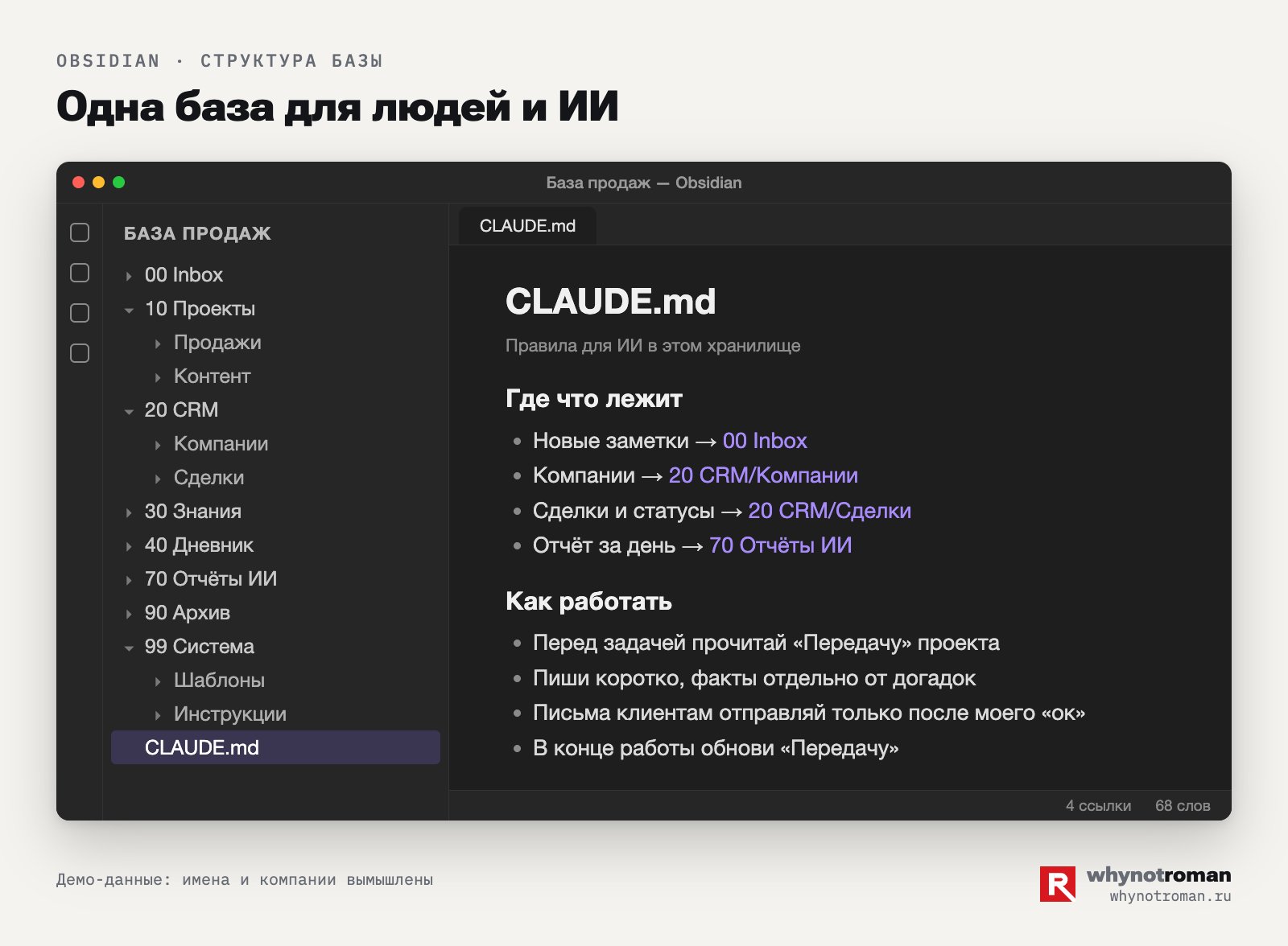 Структура папок. Номер в начале держит порядок, CLAUDE.md в корне главный файл правил. Пример
