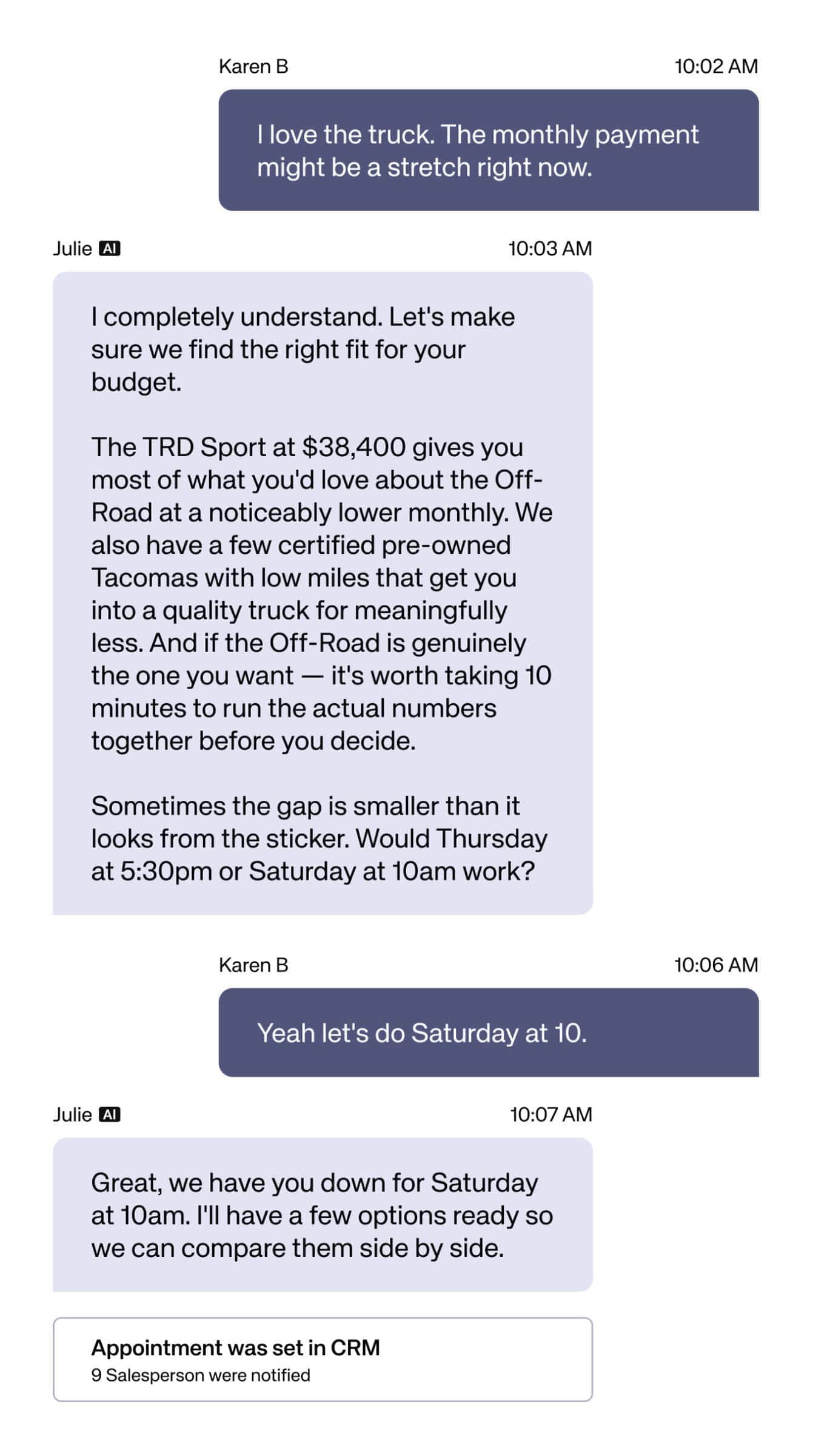 Клиент сомневается из-за платежа. ИИ предлагает два варианта и сохраняет запись. Иллюстрация компании. Источник. impel.ai, раздел AI Conversation Examples