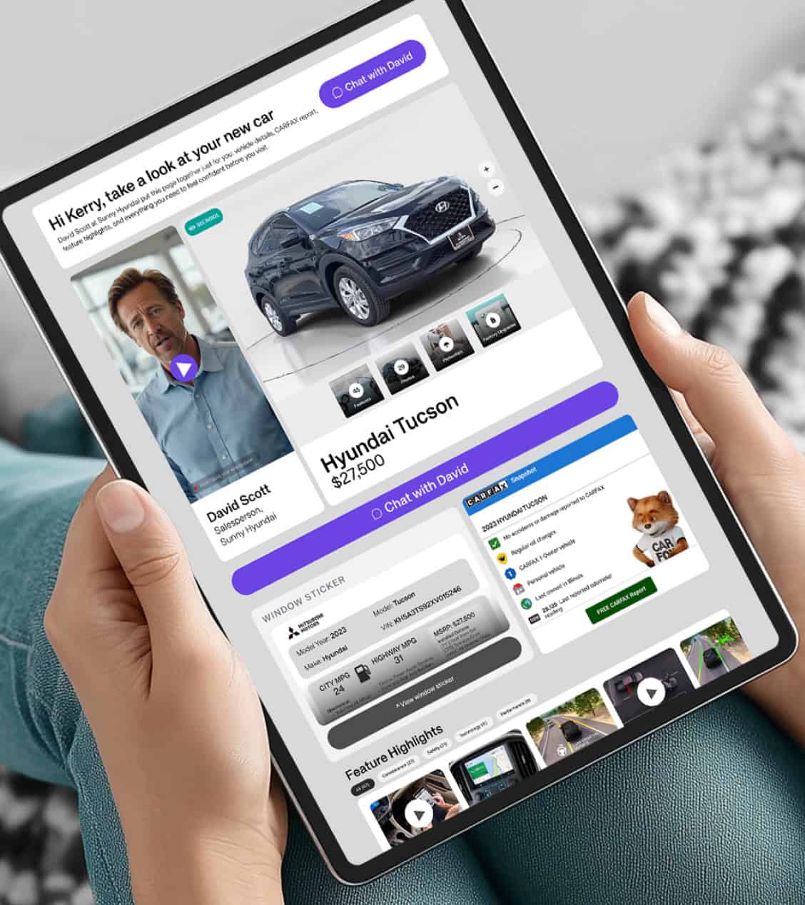 Видеоответ VinVision AI и страница клиента с машиной, отчётом Carfax и калькулятором. Иллюстрация компании. Источник. impel.ai, раздел Sales AI