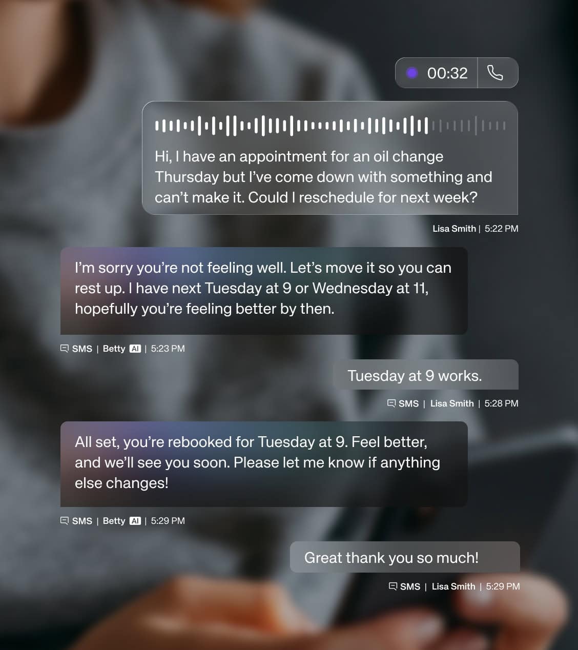 Голос и SMS в сервисе. Клиент просит перенести запись, ИИ предлагает время и подтверждает. Иллюстрация компании. Источник. impel.ai, раздел Voice AI